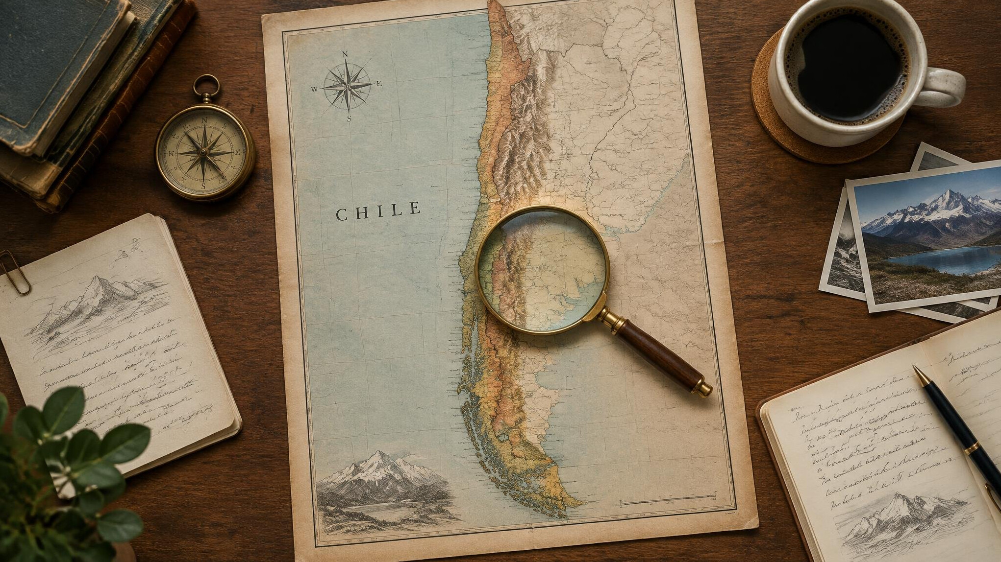 Investigator desk with a vintage map of Chile, magnifying glass and handwritten notes