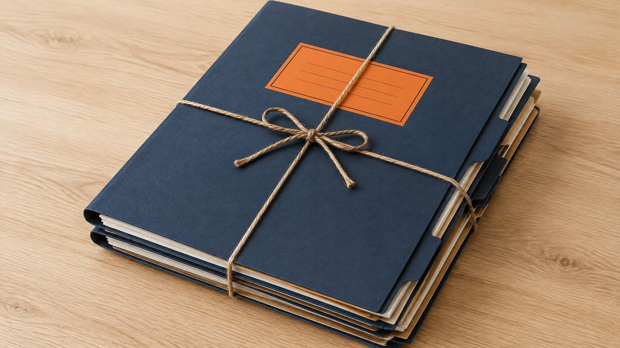 Printed case dossier folders tied with string on a table