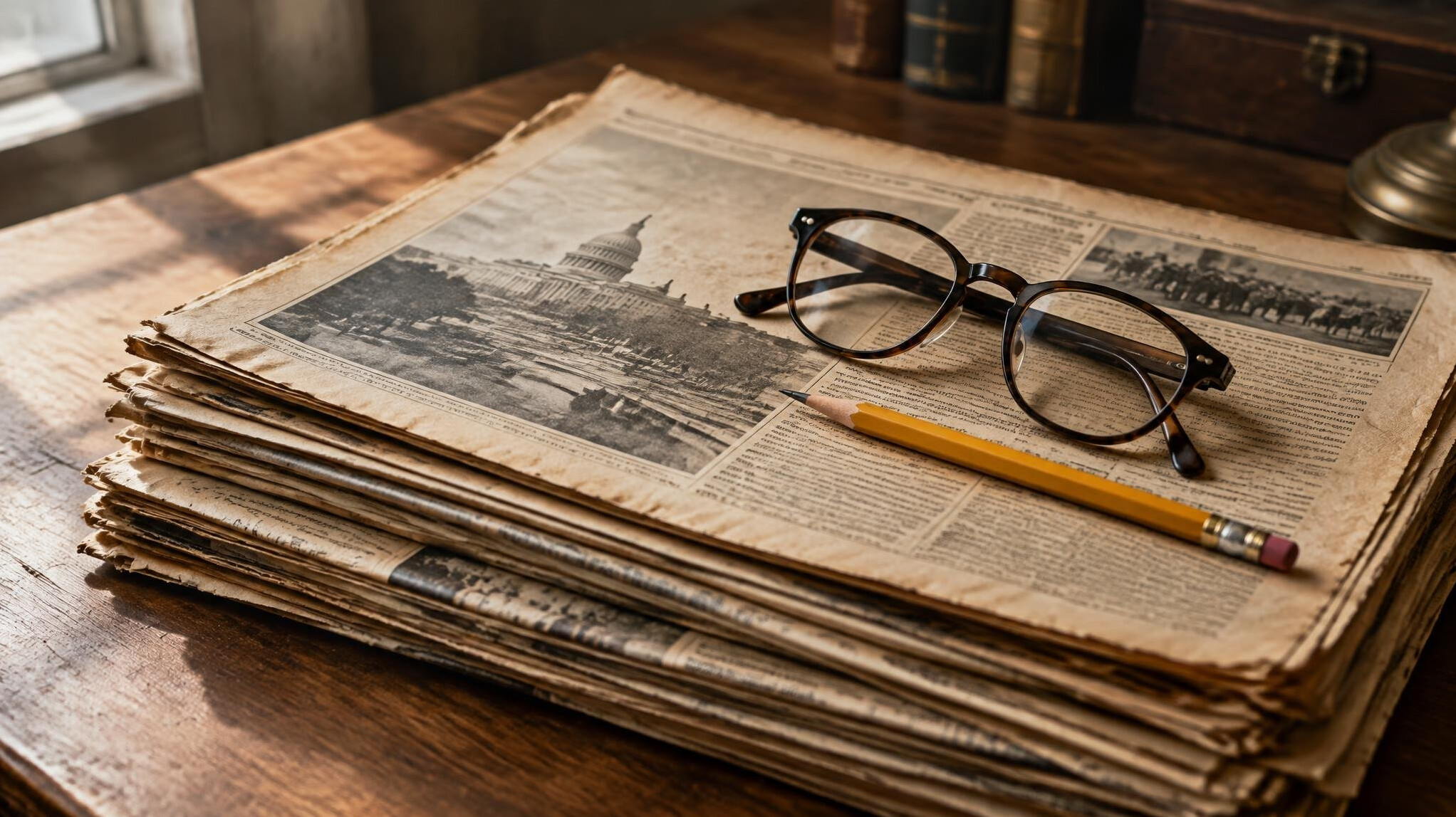 Stack of yellowed historical newspapers and a pair of reading glasses