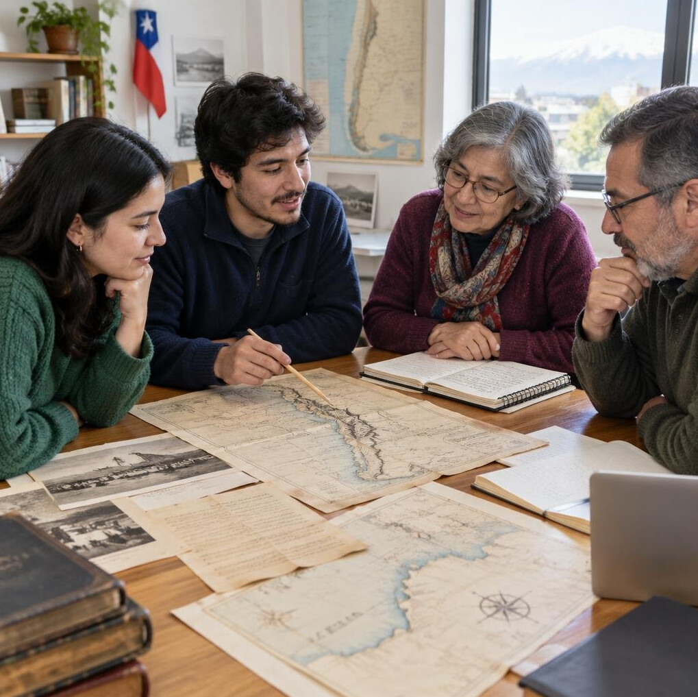 Group of adults at a research workshop around a table with documents