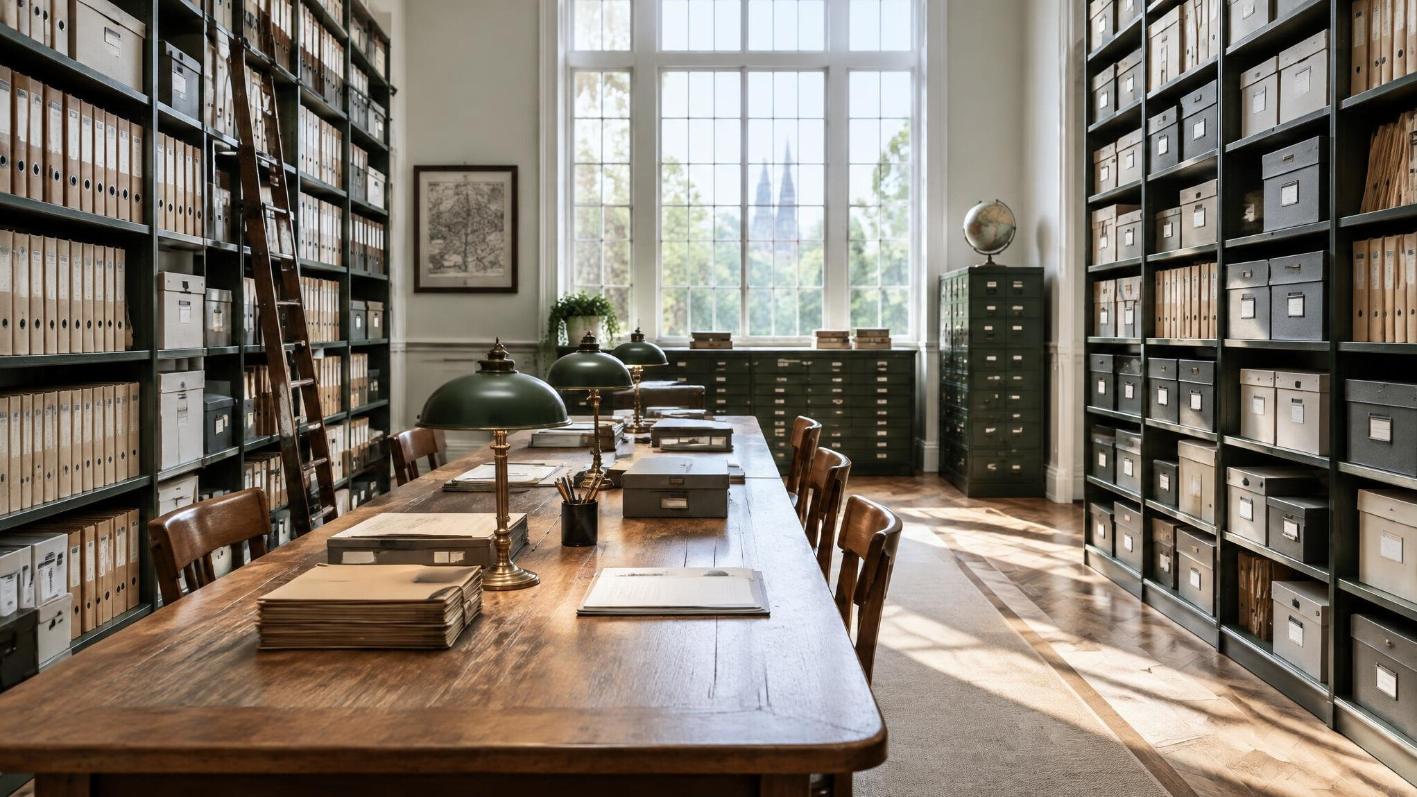 Editorial archive room with shelves full of folders and a long wooden table