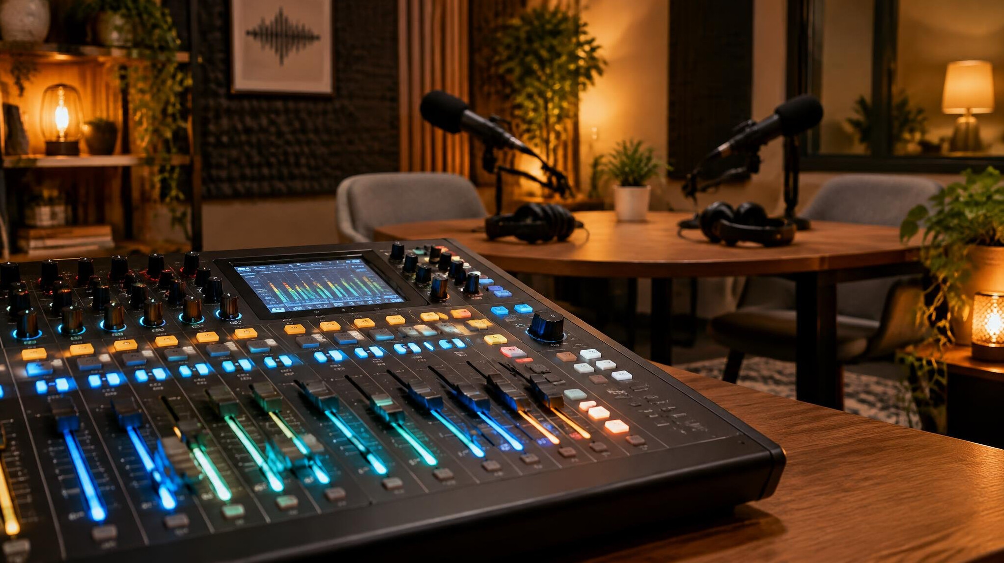 Audio mixing console in a podcast recording studio