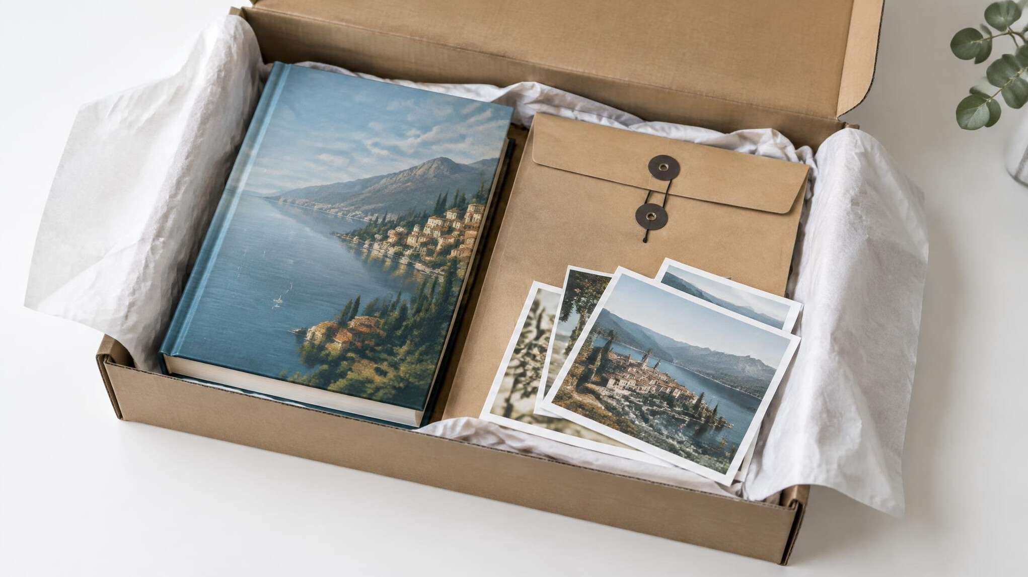 Opened parcel box with books, a dossier folder and postcards